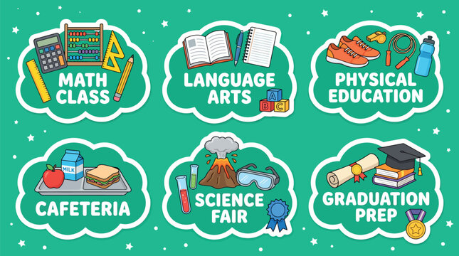 Educational school subject stickers set, 6 colorful vector icons for math class and science fair, language arts and physical education labels, cafeteria and graduation prep graphics
