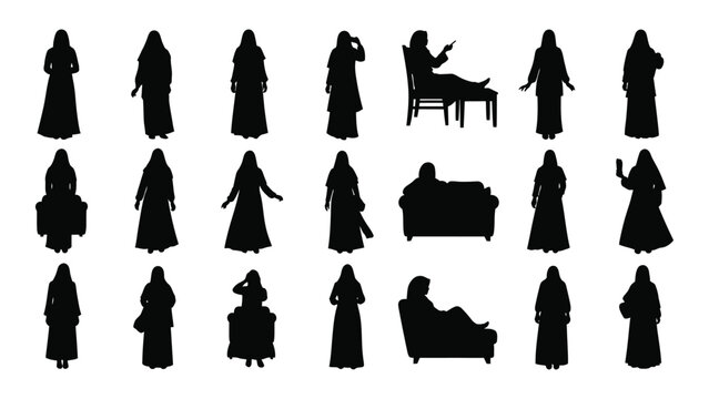 Collection of nun silhouettes in various poses and with furniture a black and white silhouette nuns religious habit robes cloistered