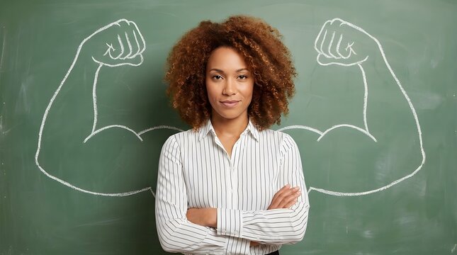 Proud African American woman standing before a chalkboard with drawn muscular arms symbolizing female strength and confident empowerment.