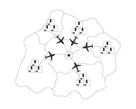Import distribution line illustration concept. Global supply network. Goods arriving from multiple international sources to central destination outline 2D idea isolated. Ink linear metaphor vector art