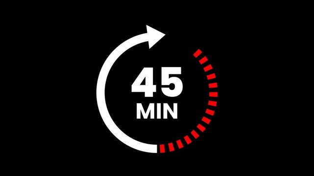 45 Min arrow clock icon animation on transparent background. Timer 45 minutes countdown clock with circular arrow. 45 Min arrow clock icon animation. arrow clock animation. alpha channel