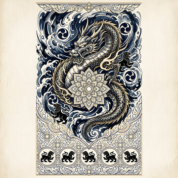 Luxury oriental wall art poster with a majestic imperial dragon, central gold mandala, intricate Thai Kanok ornaments, and black Singha lions on a vintage paper background