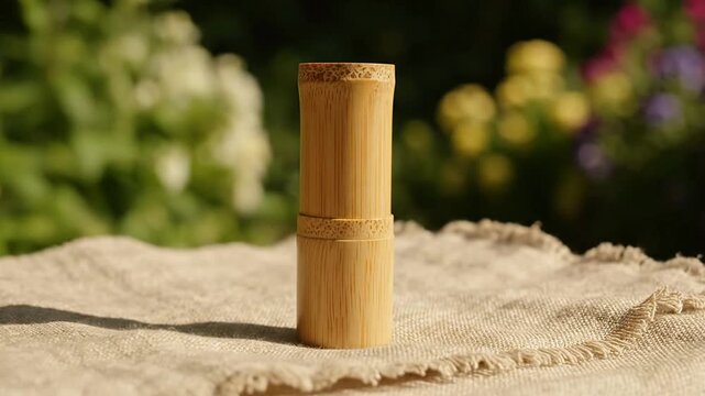 Cylindrical Bamboo Lipstick Tube Upright On Textured Burlap Surface Surrounded By Soft Focus Floral Background In Natural Outdoor Setting
