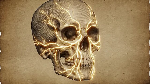 Da Vinci-Style Parchment Sketch Merged With Modern 3D Medical Imaging Depicting Glowing Skull Enhanced By Neural Pathways