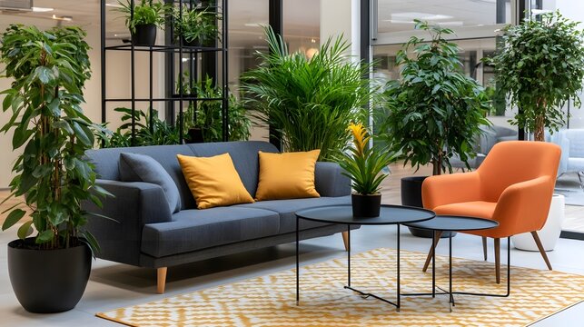 A stylish and sophisticated business lounge interior featuring lush plant deco ns and harmonious modern design