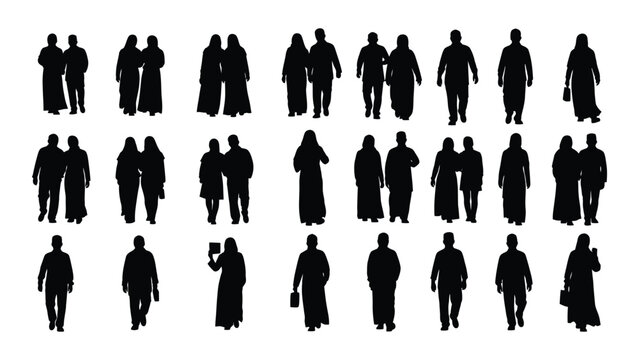 Collection of people silhouettes walking in various poses against a white background a graphic silhouette person human figures group individuals