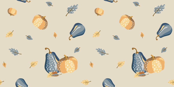 Autumn seamless pattern with pumpkins and falling leaves on light cream background. Cozy Thanksgiving pumpkin patch vector background