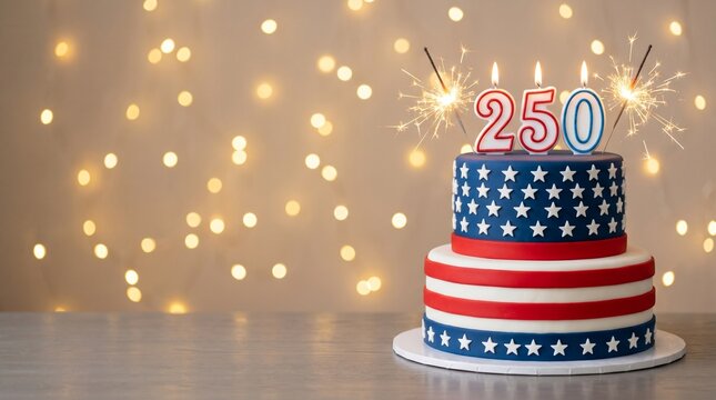 USA Semiquincentennial Patriotic Birthday Cake with 250 Candles and Sparklers Against Bokeh Lights Background. semiquincentennial, 250th anniversary, american independence, patriotic cake
