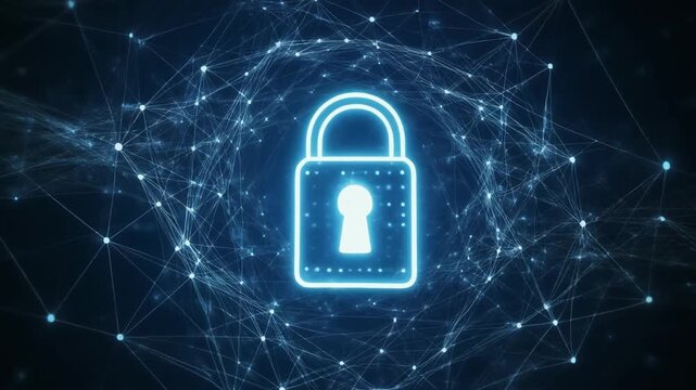 Security animation links digital padlock icons online. Protective security animation meshes network connection lines. Cybersecurity security animation shields database servers.