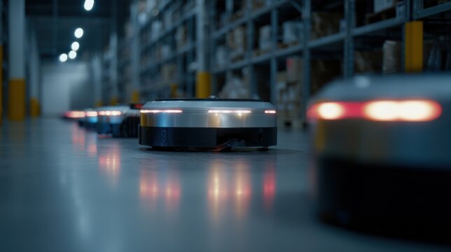 Medium shot of autonomous floorscrubbing robots neatly parked in a dedicated storage bay with soft lighting and blurred background details.