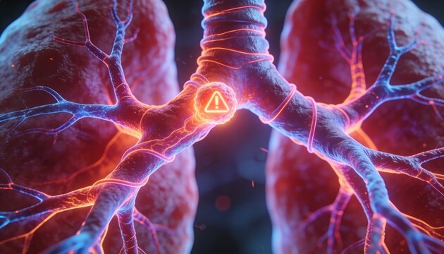 Highlighting trachea and primary bronchi in clinical 3D lungs, showing warning icon and sparks