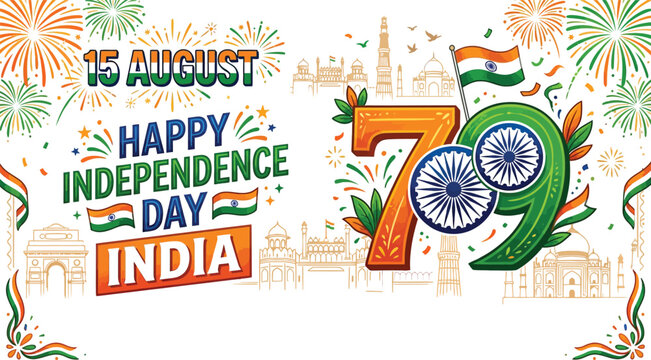 India's 77th independence day celebration with historical landmarks and festive fireworks