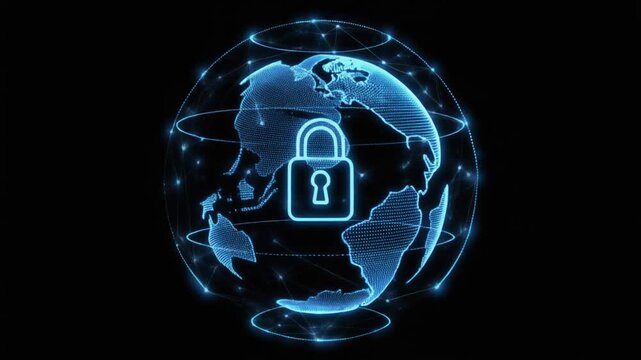 Image animation wires secure digital world globe grids. Network image animation maps international padlock protection lines. Cyber image animation blocks internet hacking tracks.