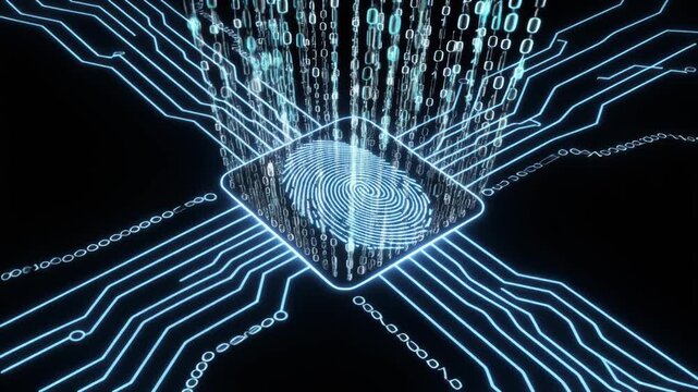 Animation records biometric fingerprint microchip scans. Tech animation streams binary code data flow patterns. Secure animation tracks integrated hardware circuit systems.
