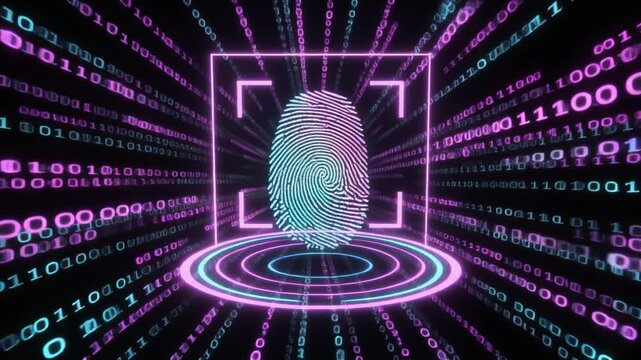 Animation paths biometric fingerprint verification files. Secure animation loops cyber binary code tunnel patterns. Identity animation verifies network database access profiles.
