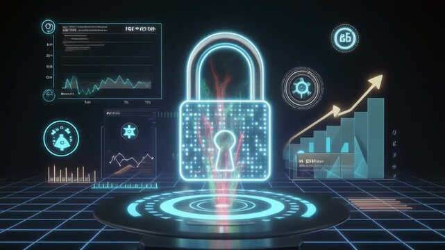 Security digital animation flashes glowing padlock signs. High tech security digital animation updates network tracking data. Privacy security digital animation safeguards servers.