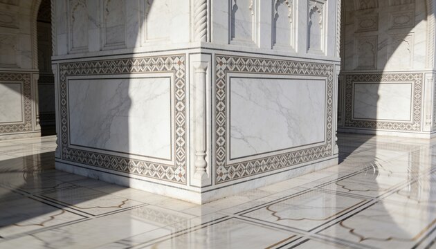 Showing ornate white marble plinth bathing in diagonal sunlight at gallery, with carved pilaster
