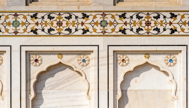 Showing ornate marble facade with three recessed cusped arches on exterior, pietra dura frieze