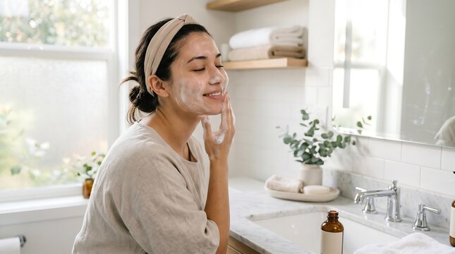 Woman applying facial cream in bathroom