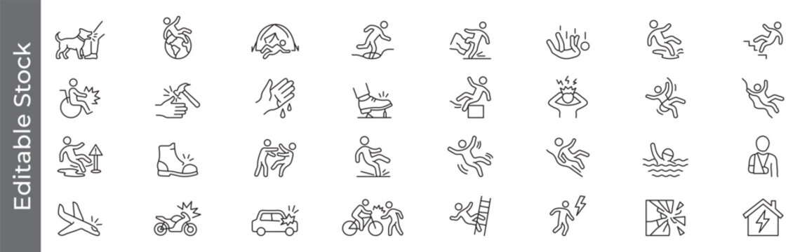 Accident, dog bite, foot injury, injury and safety hazard icon set &ndash; editable outline symbols of workplace injury, fall, dangerous situation, risk and emergency