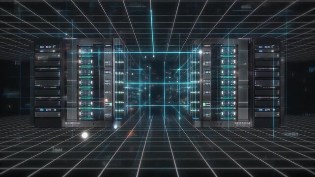 Server racks animation paths futuristic hosting rooms. Central server racks animation illuminates data sphere cores. Secure server racks animation details cloud cloud computing.