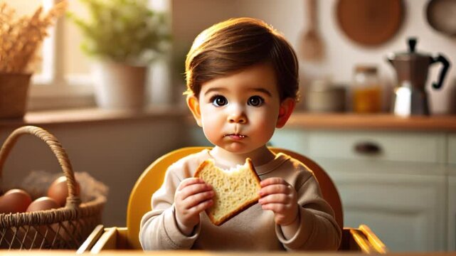 Video of young toddler enjoying a piece of bread while sitting on a yellow chair, showing curiosity and joy.