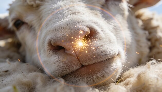 Showing sheep muzzle filling frame at pasture, highlighting nostrils, curly fleece, glowing embers