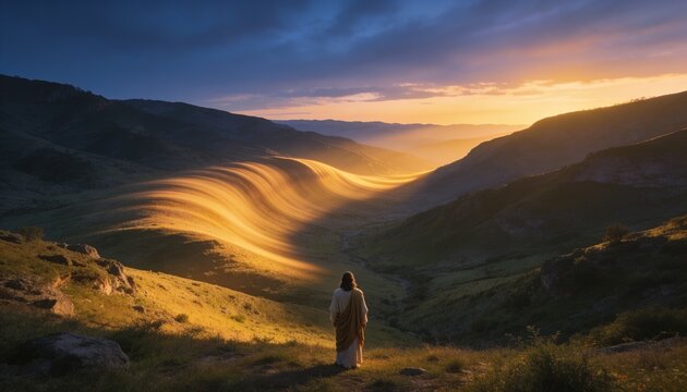Standing robed figure overlooking valley from grassy ridge in golden light, holding staff and shawl