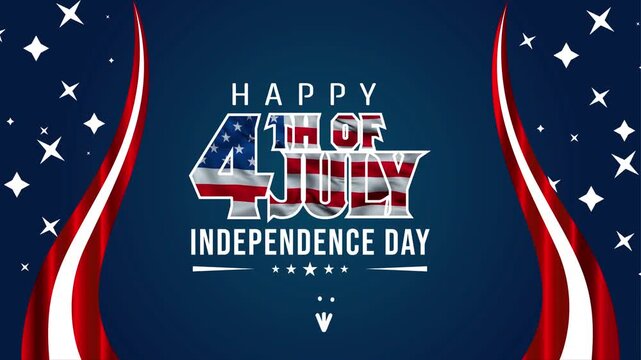 4th of July celebration greeting animation with patriotic text, waving United States flag background, and colorful fireworks for social media banner and stories