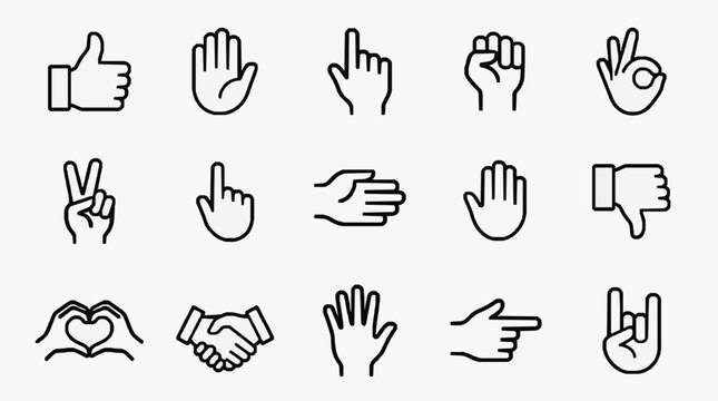 Creative Black and White Line Drawing Set of Various Hand Gestures and Symbols for Communication and Emotions
