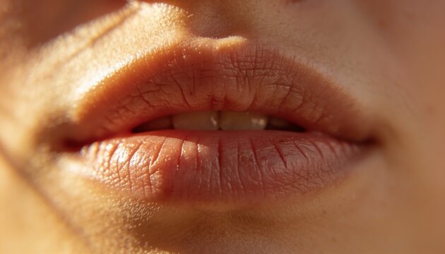 Showing macro close-up human mouth revealing front teeth and fine facial hair, with skin highlights
