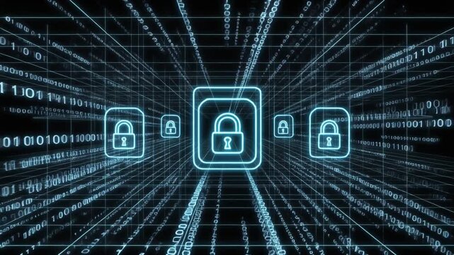 Data technology animation journeys binary code matrix tunnels. Protective data technology animation passes digital padlock icons. Cyber data technology animation loops server logs.