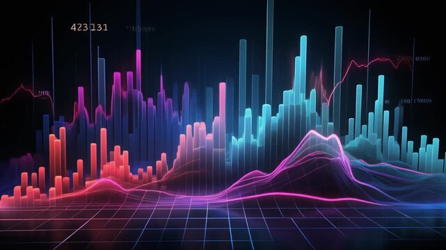 Finance animation tracks neon financial data bar graphs. Digital finance animation analyzes business market line trends. Corporate finance animation reads commercial sales analytics.