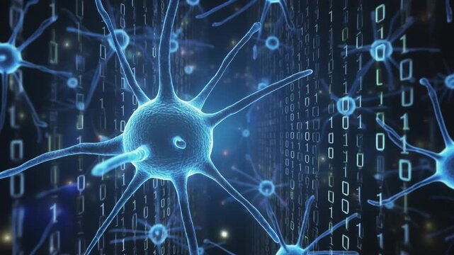 Neuron brain animation wires digital neural networks. Analytical neuron brain animation cascades binary code files. Medical neuron brain animation visualizes intelligence lines.