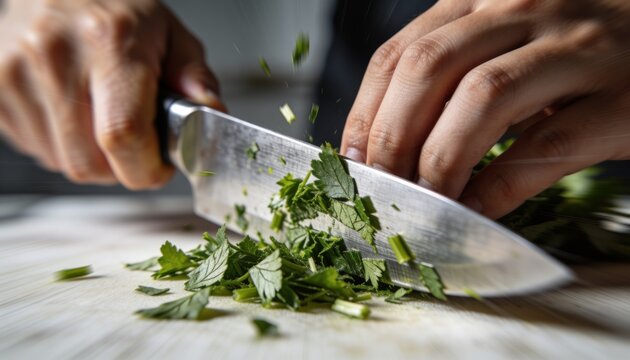 Chopping hands wearing dark sleeve guiding chef's knife on wooden cutting board, scattering herbs
