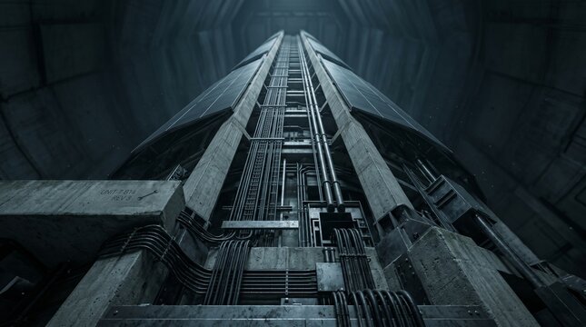Dramatic Worm's-Eye View of a Towering Industrial Tech Structure