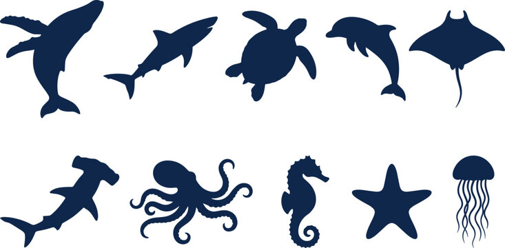 Marine Animal Silhouette Collection with Whale Shark Turtle Dolphin Octopus Jellyfish and Ocean Wildlife Vector Icon Set