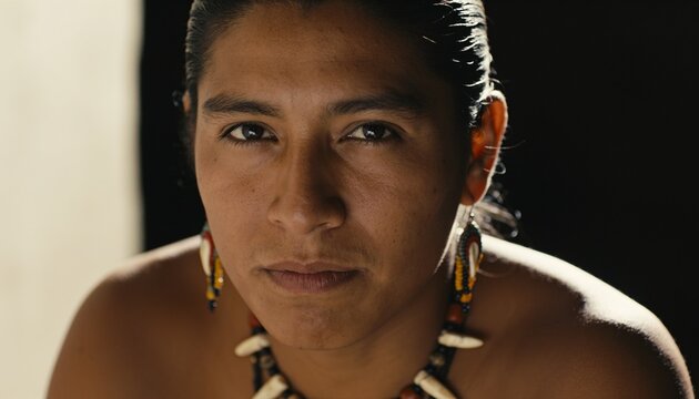 Posing man with bare shoulders holding serious pose at studio with beaded drops and tooth necklace