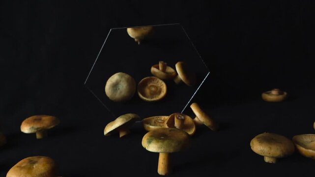 Creative still life video featuring a group of edible orange milkcap mushrooms, also known as Lactarius deliciosus, scattered on a black surface with a hexagonal mirror creating surreal reflections