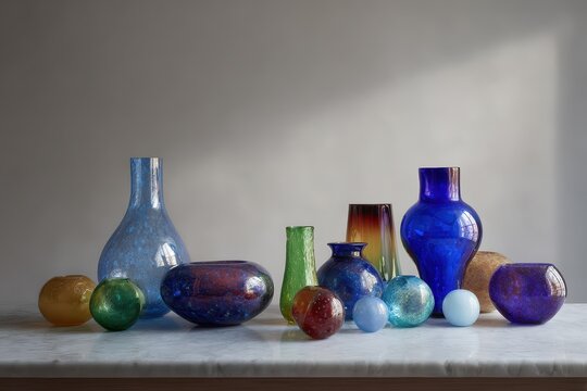 Close-up of iridescent Murano glass beads and sculptural forms on a reflective surface