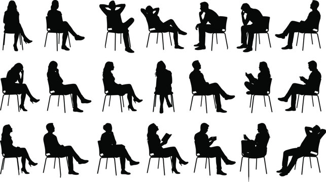 Large vector silhouette set of diverse people sitting on chairs in different profile and frontal poses