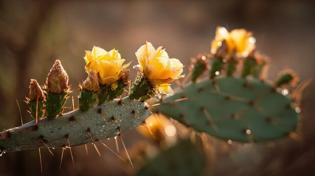 Close-up of prickly pear cactus pad adorned with yellow flowers