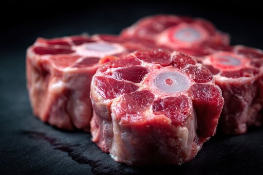 Close-up of raw osso bucco on a black background, highlighting marbling and bone marrow in minimalist studio lighting