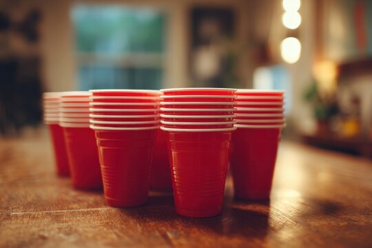 Close-up of red plastic cups arranged in a beer pong triangle on a party table