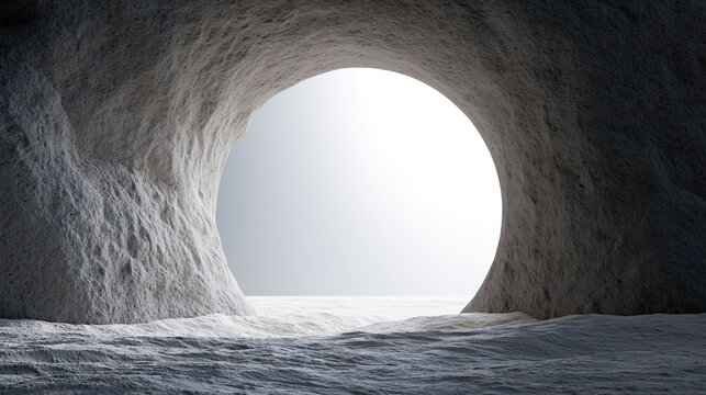 Cave interior with soft light, stone texture, and round opening to bright horizon, spiritual retreat background