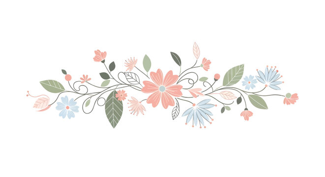 A delicate horizontal floral border with pastel pink and blue flowers and green leaves, creating an elegant decorative element.