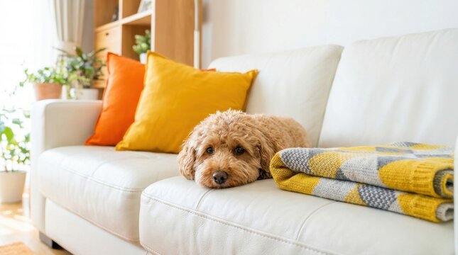 Adorable dog resting on a white sofa with colorful pillows in a cozy living room.