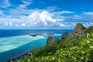 Fototapeta premium Panoramic view of Maupiti island and lagoon from Mount Teurafaatiu, French Polynesia