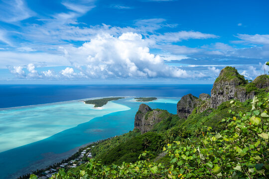 Panoramic view of Maupiti island and lagoon from Mount Teurafaatiu, French Polynesia