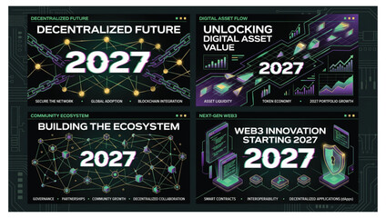 Naklejka premium Set of web3 innovation and decentralized ecosystem banner designs for 2027 with decentralized blockchain ecosystem technology innovation infrastructure connectivity abstract business